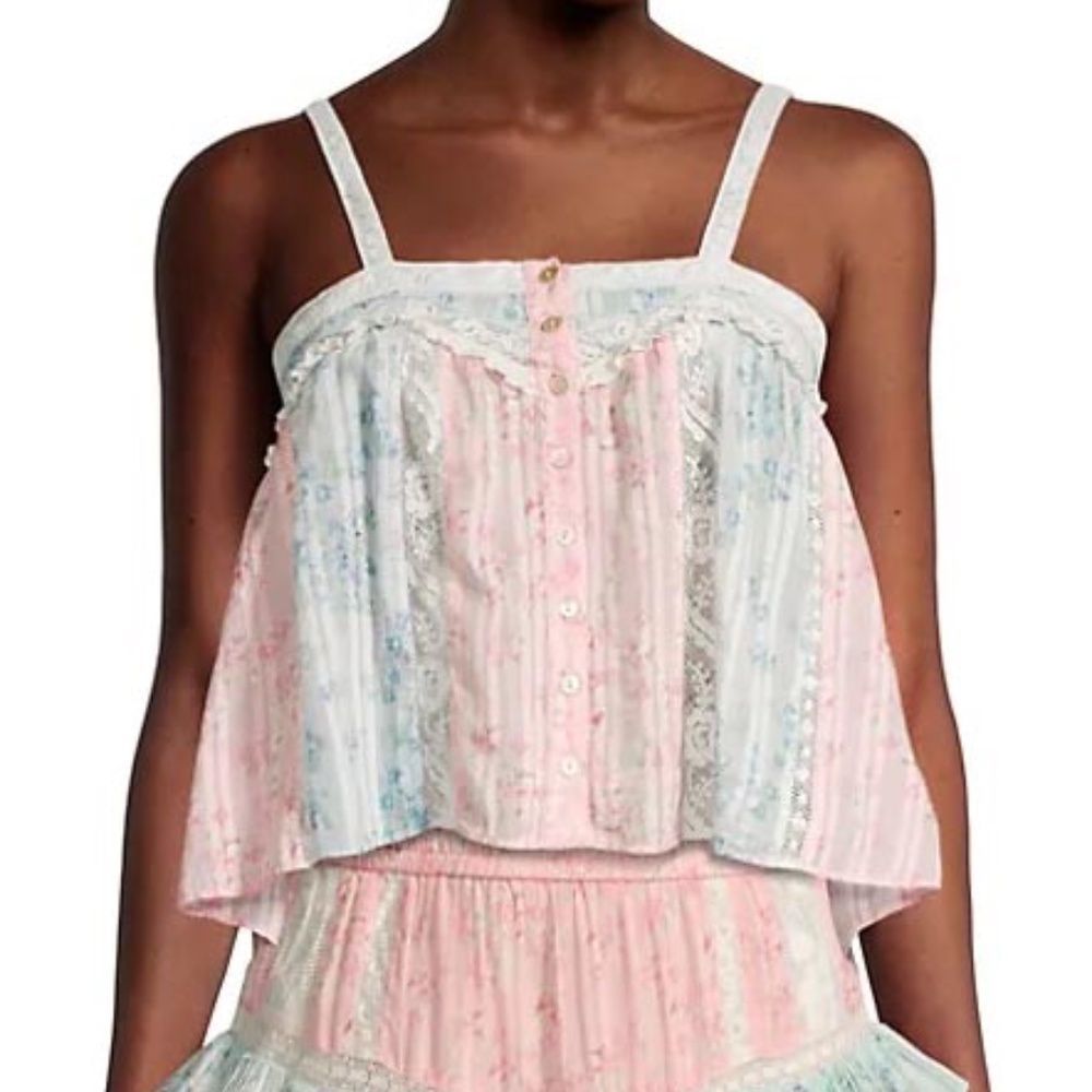 LoveShackFancy "Maitri" Colorblock Lace-Trim Tank Top  SZ M Pink/Blue/White